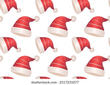 Seamless holiday pattern with red white striped Santa hats with pompoms and fur frill. Ideal for Christmas wrapping paper, holiday background or holiday product design.