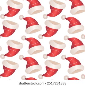 Seamless holiday pattern with red white striped Santa hats with pompoms and frill. Ideal for Christmas wrapping paper, holiday background or holiday product design.