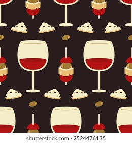 Patrón de vacaciones sin fisuras. Copa de vino tinto con aperitivos sobre fondo oscuro. Conveniente para la materia textil, envoltura del regalo, Fondo de pantalla, papel de embalaje, tarjeta, cubierta, postal.