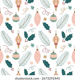 Seamless holiday pattern with retro Christmas ornaments, holly leaves, berries, pine branches, stars, and ribbons. Ideal for wrapping paper, textile prints, backgrounds, cards, and festive decoration.