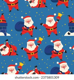 Seamless holiday pattern. Santa Claus with a bag of gifts, ringing a bell, stuck in a chimney and wearing sunglasses. Merry Christmas. Vector graphic.