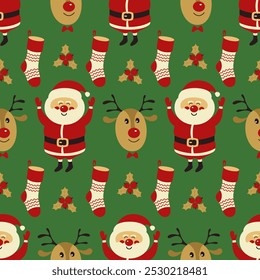 Seamless holiday pattern with santa claus, reindeer, stocking for gift giving. Christmas and new year. Vector illustration for greeting card, cover, textile, scrapbooking, gift wrapping.