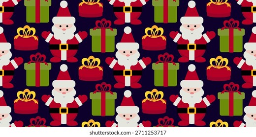 Patrón de vacaciones sin fisuras con figuras de Santa Claus y regalos verdes rojos brillantes sobre fondo oscuro. Perfecto para textiles festivos, embalaje, papel de embalaje y decoración de Navidades