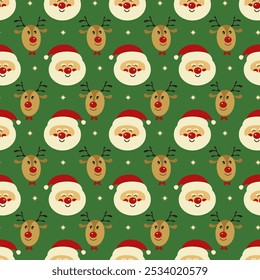 Seamless holiday pattern with Santa and reindeer faces. Christmas and New Year. Vector illustration for gift wrapping, textile, postcard, flyer, scrapbooking, cover.