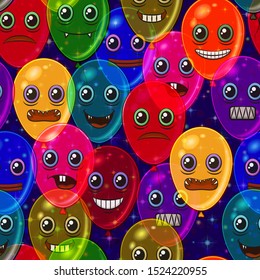 Seamless Holiday Pattern, Tile Background with Colorful Balloons with Cartoon Monster Faces, Cute Funny Characters for Your Design. Eps10, Contains Transparencies. Vector