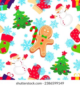 Seamless holiday pattern with traditional Christmas and New Year symbols. Design element for clothes, cards, textiles, fabrics, wallpapers, wrapping paper