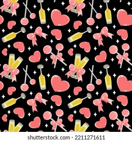 Seamless holiday pattern with valentines decorations, lollipops, champagne, and hearts in flat technique vector illustration 