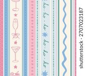 Seamless holiday pattern with various drinks in vertical stripes. Hand drawn ink new year vector illustration. Background for social media, banners, invitation. Trendy Christmas party template.   
