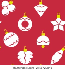 Padrão de férias perfeito com decorações de Natal brancas no fundo vermelho feliz. Pode ser usado como papel de parede, textura, impressão, tecido. 