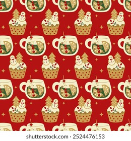  Seamless holiday pattern. Winter drink and cupcake with Christmas decoration. Suitable for textiles, gift wrapping, wallpaper, wrapping paper.