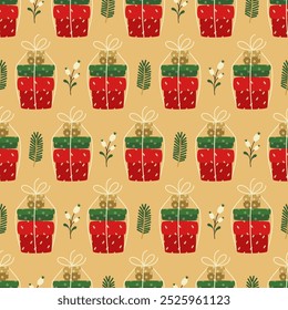Seamless holiday template with gifts, fir sprigs and berries. Vector illustration on beige background for decoration of gifts, poster, cover, flyer, textile.
