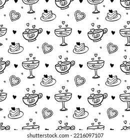 Seamless holiday valentine pattern. Black and white cakes and hearts background. Wrapping and gift romantic paper.