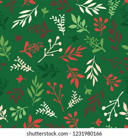 Seamless Holiday vector background with abstract leaves red, green, beige. Simple leaf texture, endless foliage pattern. Christmas background. Paper, pattern fill, web banner, fabric, invitation card