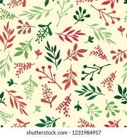 Seamless Holiday vector background with abstract leaves red, green, beige. Simple leaf texture, endless foliage pattern. Christmas background. Paper, pattern fill, web banner, fabric, invitation card