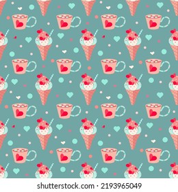 Seamless holiday vector pattern with icecream and coffee cup with red hearts on green blue background for textile and wrapping paper