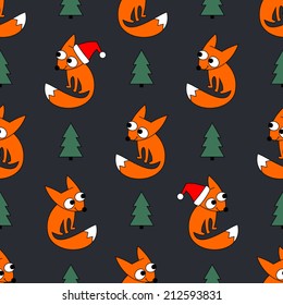 Seamless holidays theme  fox forest and  christmas tree background pattern in vector. Cute little foxy in christmas cap on dark grey background.