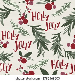 Seamless holly leaf with berries on white background, Christmas background with red and green Christmas leaf, vector illustration