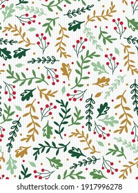 Seamless holly leaf pattern background with red and green colored