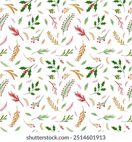 Seamless holly leaf pattern background with red, golden and green colored branches, winter botanical illustration vector design for textile, wrapping paper. Floral ecological set.