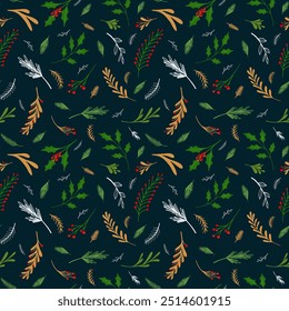 Seamless holly leaf pattern background with red, golden and green colored branches, winter botanical illustration vector design for textile, wrapping paper. Floral ecological set.