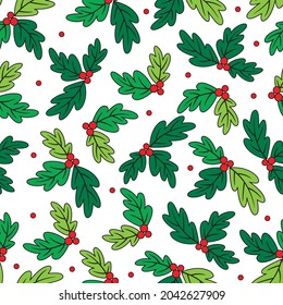 Seamless Holly Leaf pattern, Christmas background with red and green color