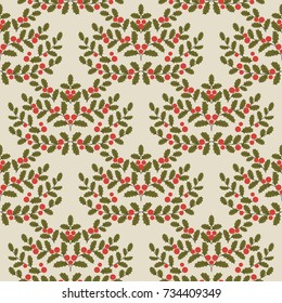 Seamless holly pattern. Christmas pattern.