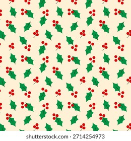 Nahtloses holliges Muster mit grünen Blättern und roten Beeren, inspiriert von Ilex aquifolium. Klassisches Weihnachtsdesign zum Verpacken von Papier, Textilien und Urlaubshintergründen.