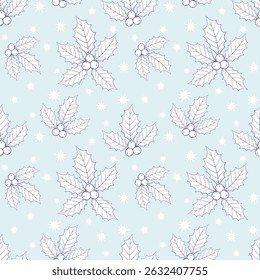 Seamless holly pattern on light blue background. Monochrome Christmas wallpaper. Hand drawn blue and white of Season’s Greetings illustration.