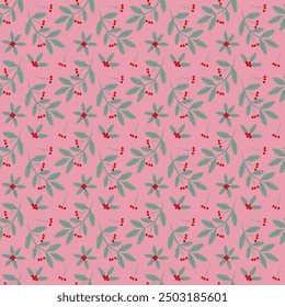 Seamless holly pattern on pink background. Christmas surface wallpaper. Flat design.