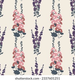 Seamless hollyhock and delphinium vector pattern
