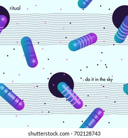 Seamless holographic bright pattern. 3d capsules on striped background with polka dots. Modern memphis style. 