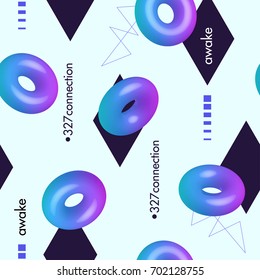 Seamless holographic bright pattern. 3d rings on light blue background. Modern memphis style. 