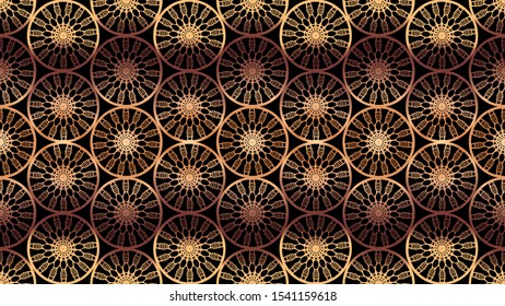 seamless holographic horizontal cover. round gold ornament on dark background. Wallpaper