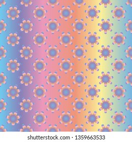 Seamless holographic pattern of rainbow flowers, on a gradient colored background. Great for decorating fabrics, textiles, gift wrapping design, any printed materials, advertising, or other design.