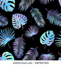 Seamless holographic vector pattern with palm leaves on dark background.