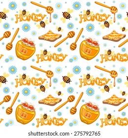Seamless honey background with honey jar, honey dipper, toast, daisies, bees and honey lettering