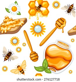 Seamless honey background with honey jar, honey dipper, toast, daisies and bees