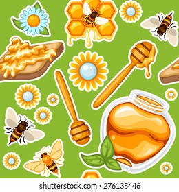 Seamless honey background with honey jar, honey dipper, toast, daisies and bees
