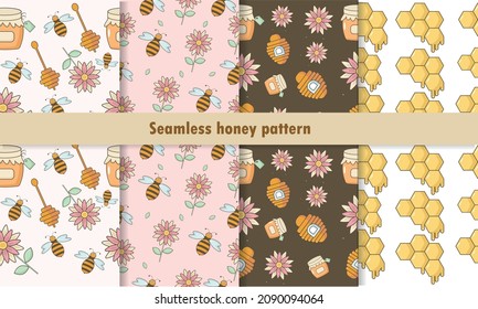 Seamless honey pattern with bees, flower, honeycomb, jar