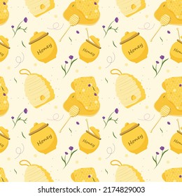 Seamless Honey Pattern. Cute honey pattern,honeycomb and purple flowers. Yellow nature pattern. Apiary pattern for home textile or packaging design.