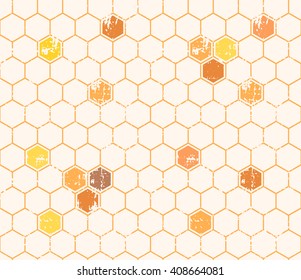 Seamless honey pattern with empty and filled honey cells in linear style. Hexagonal endless texture. Warm color palette of yellow tints, Grunge texture