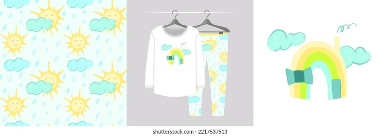 Patrón de miel sin foco con una casa en el arco iris. Pajamas de diseño para bebés, telas de fondo para ropa, decoración de habitaciones, estampado, invitación para fiestas de bebés, diseño de tela, envoltura