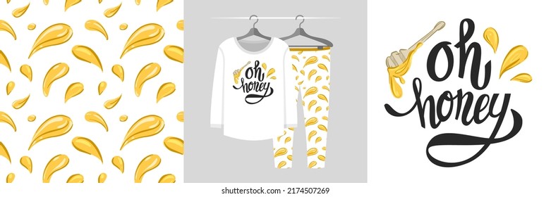 Seamless honey pattern and lettering illustration Oh honey. Baby design pajamas, background for apparel, room decor, tee print, baby shower party invitation, fabric design, wrapping