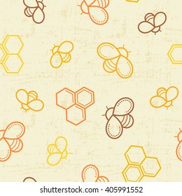 Seamless honey pattern with outlined honey bees and honey cells in linear style. Warm color palette of yellow tints
