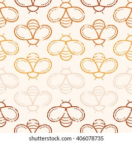 Seamless honey pattern with outlined honey bees in linear style. Warm color palette of honey tints