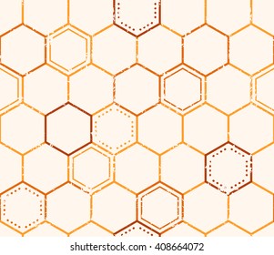 Seamless honey pattern with outlined honey cells in linear style. Warm color palette of yellow tints, Grunge texture