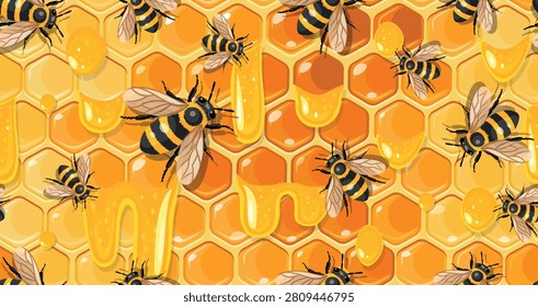 Seamless honey pattern with realistic bees, honeycomb cells and golden honey drops. Perfect for packaging, textiles, backgrounds, wrapping paper and nature-themed designs.