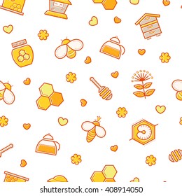 Seamless honey pattern with stroked beekeeping signs - honey bees, bee cells, plants. Endless texture for business. Warm color palette of yellow tints