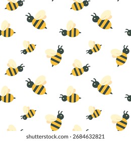 Seamless honeybee vector pattern with rounded shapes and soft colors; ideal for eco packaging, fabrics, and cheerful backgrounds.