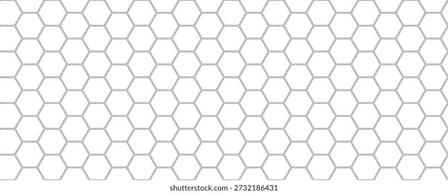Rejilla hexagonal de panal sin fisuras con estructura de línea discontinua sobre fondo blanco, inspirada en el diseño esquemático y técnico, ideal para conceptos tecnológicos, visualización de datos y diseños abstractos modernos.